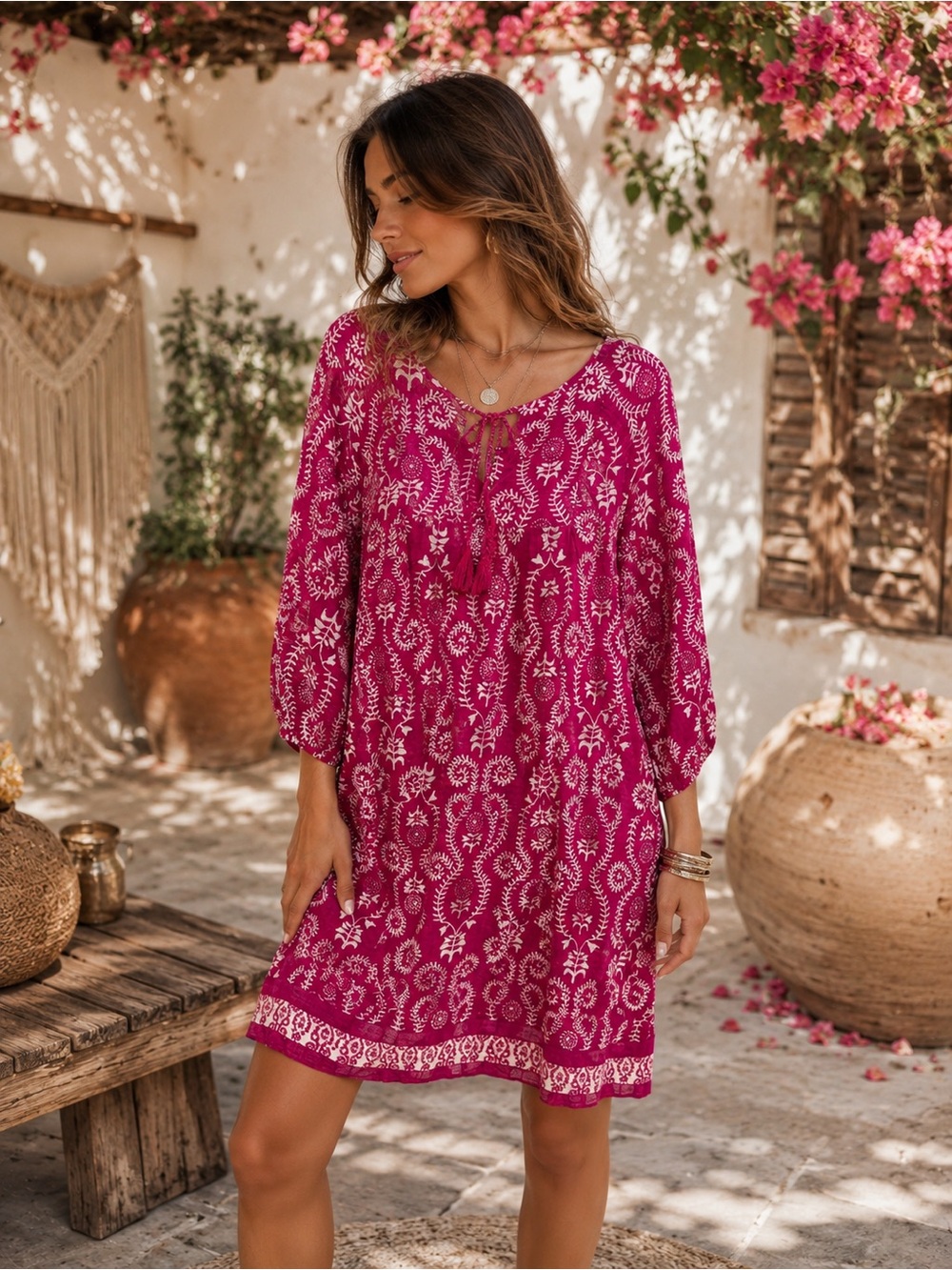Studio Park Magenta Pink Floral Print Tassel Tie Cotton Shift Dress Medium